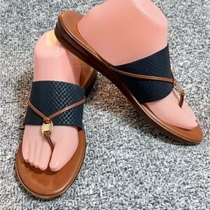 Italian Shoemaker T-strap Medallion Thong Sandals Womens Size 10 Brown Blue
